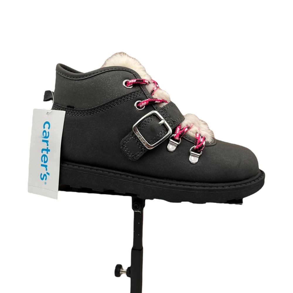 Carters Little Girls Faux Fur Winter Booties Size 12 Gray Pink Cozy Warm Shoes